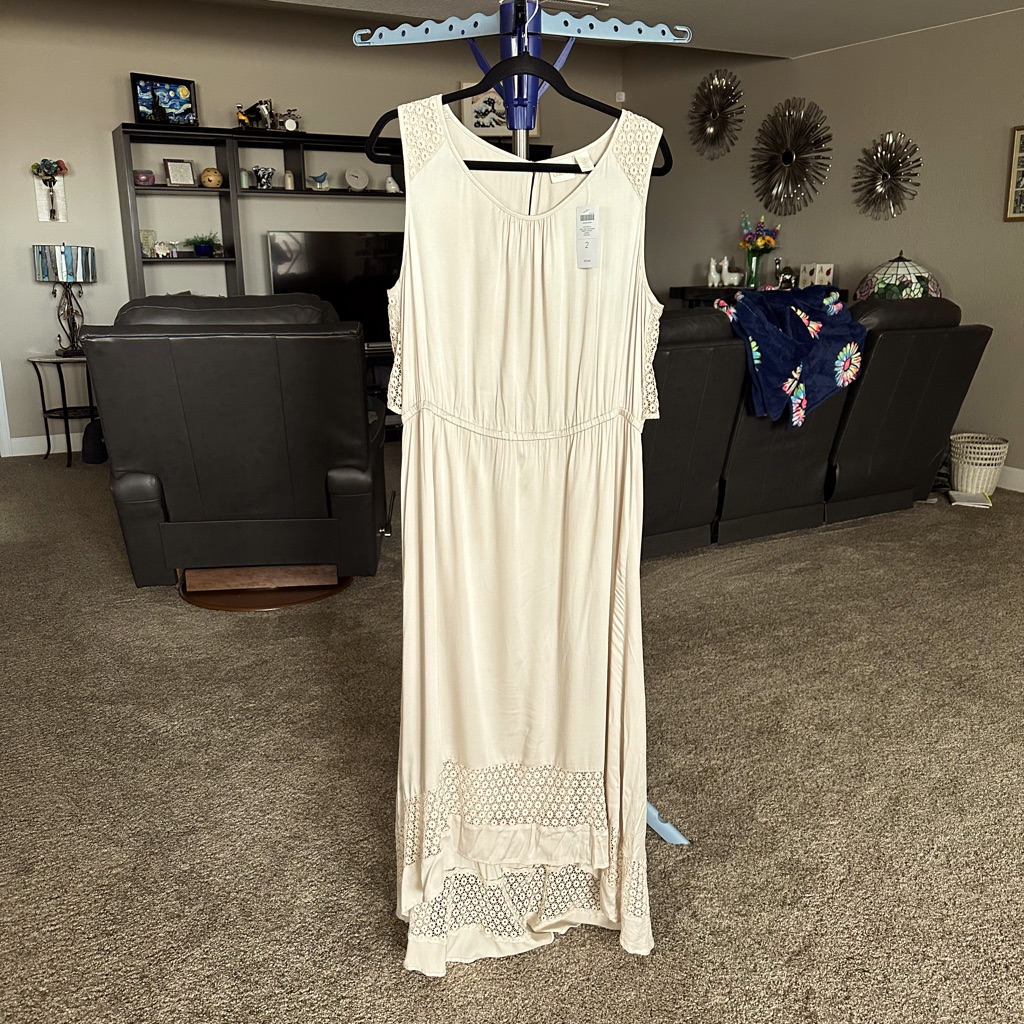 Chico’s Beige Nwt Sleeveless Lacy High Low Long Dress Size Large 12